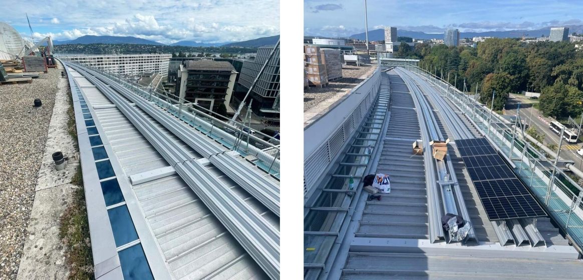 Solarpaneele zu Beginn der Installationsarbeiten auf dem Dach