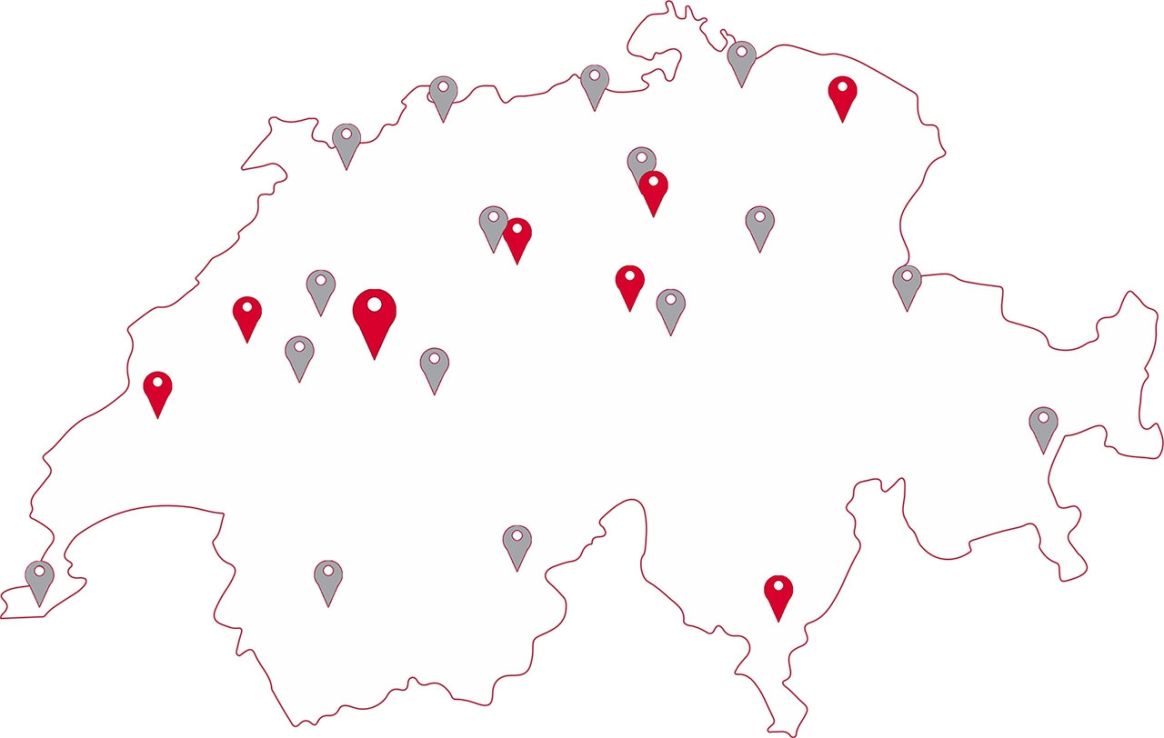 Graphique d'une carte de la Suisse avec repérage des sites cablex.