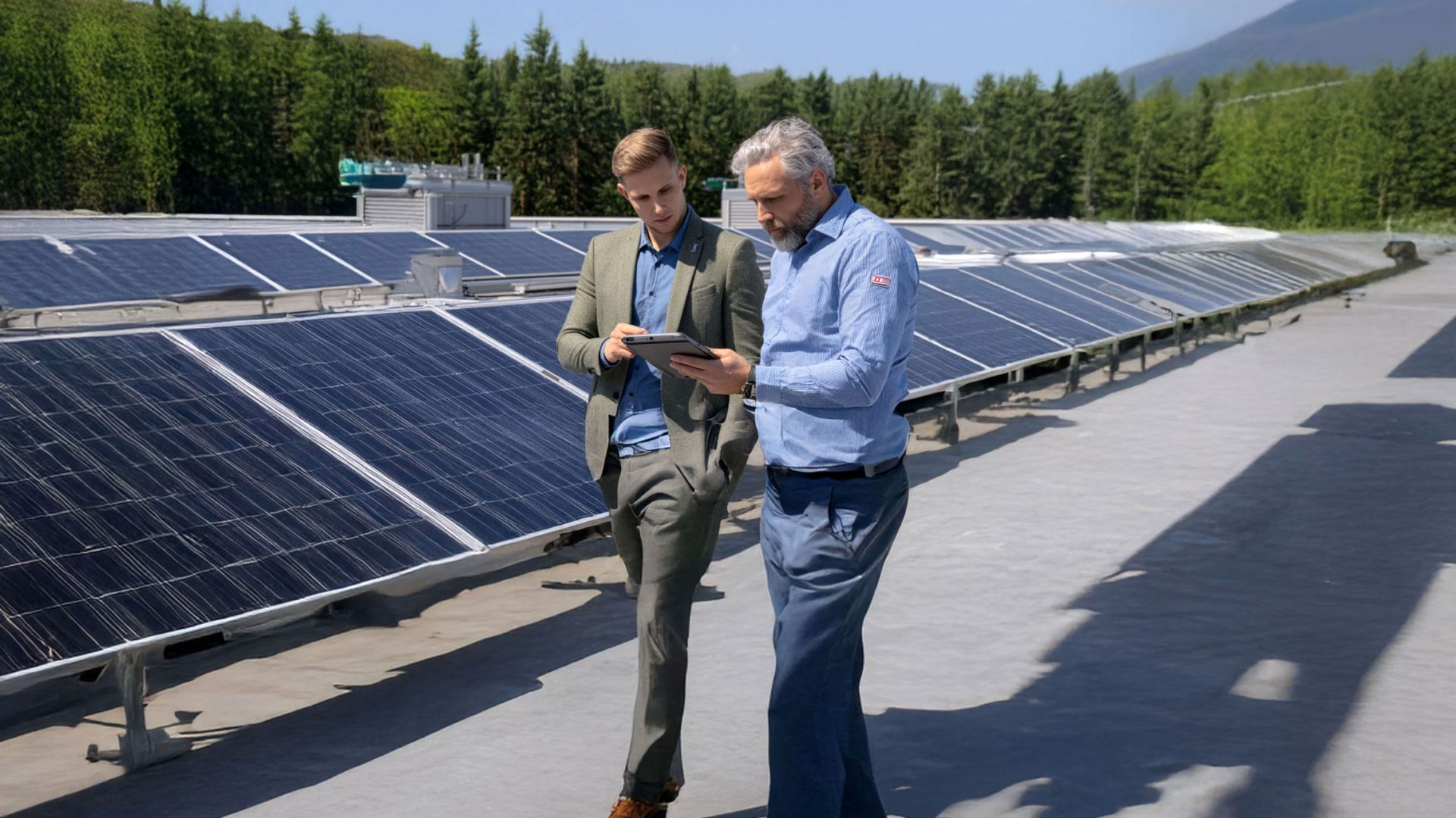 Zwei Männer im Beratungsgespräch vor Photovoltaik-Installation